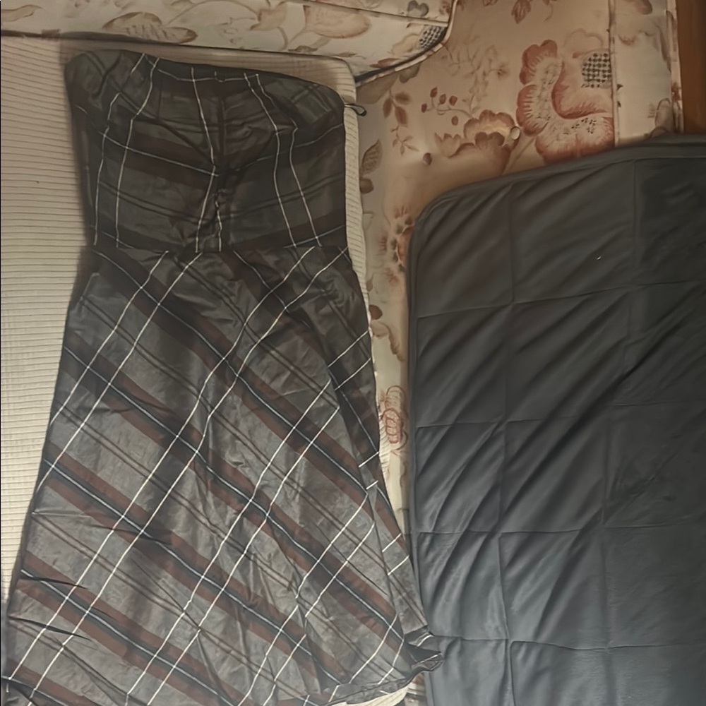 Linen and cotton strapless plaid dress with a bit of a sheen
